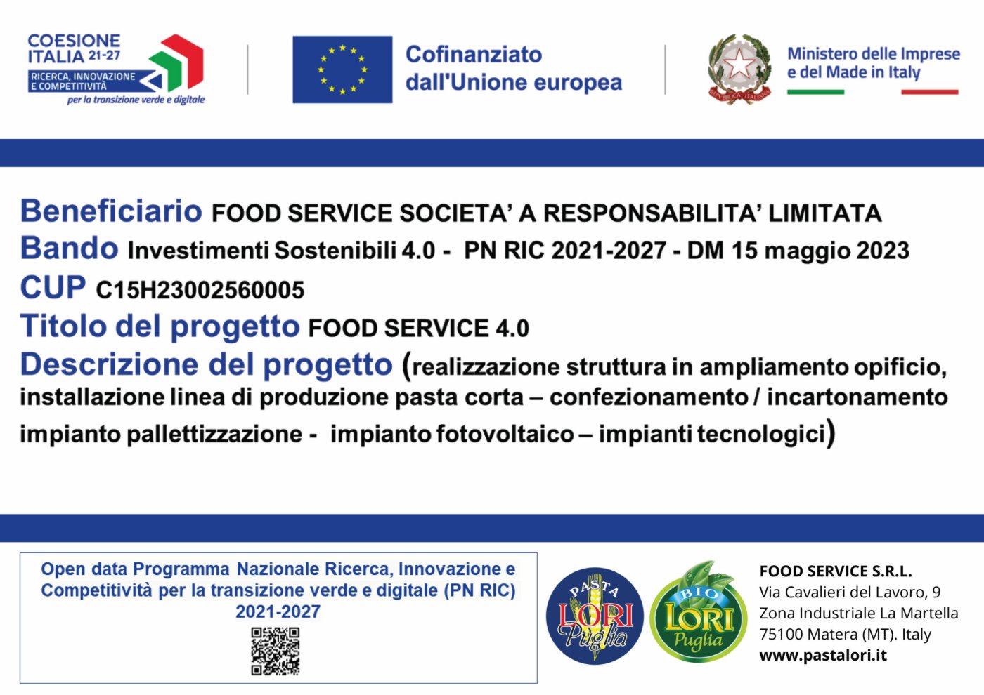 Targa progetto Food Service 4.0 cofinanziato dall'Unione europea - PN RIC 2021-2027